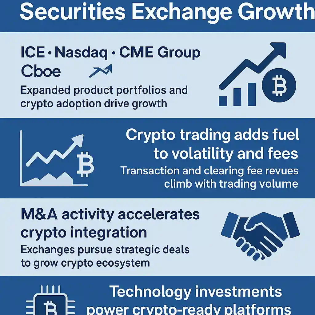 Infographic showing how crypto adoption drives securities exchange growth through volatility, M&A, and tech upgrades.