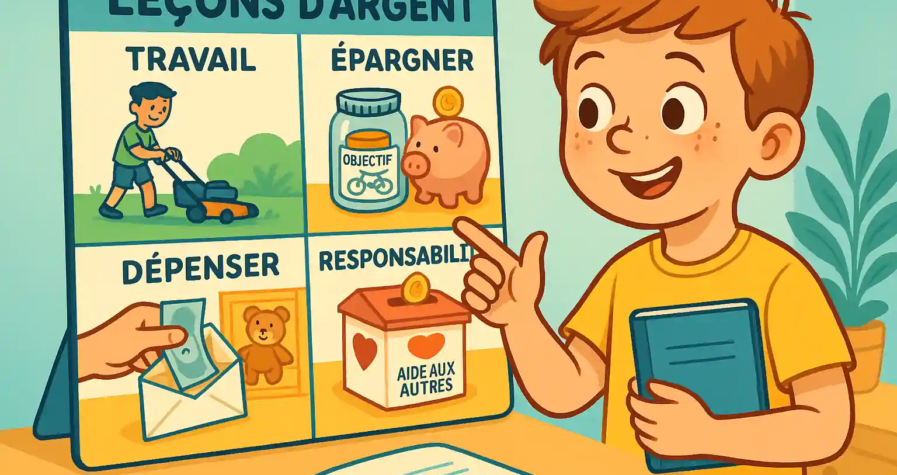 Un enfant apprend les quatre piliers de l’éducation financière selon Dave Ramsey : travail, épargne, dépense et responsabilité.