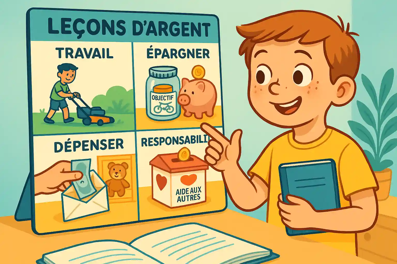 Un enfant apprend les quatre piliers de l’éducation financière selon Dave Ramsey : travail, épargne, dépense et responsabilité.