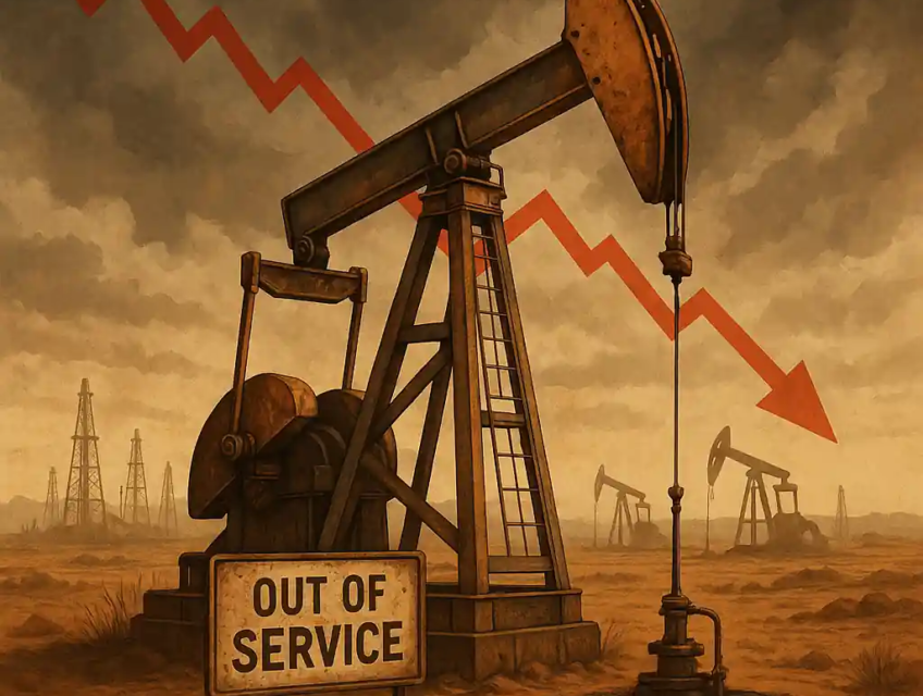 Illustration d’une pompe à pétrole inactive avec un panneau « Out of Service », sur fond de déclin de production.