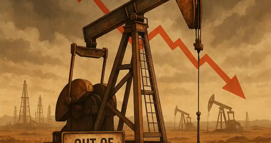 Illustration d’une pompe à pétrole inactive avec un panneau « Out of Service », sur fond de déclin de production.