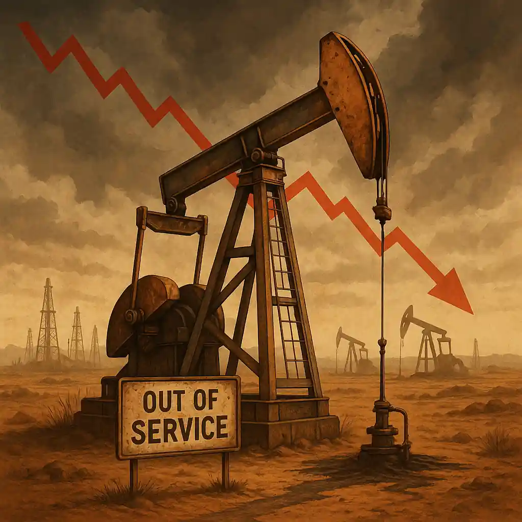 Illustration d’une pompe à pétrole inactive avec un panneau « Out of Service », sur fond de déclin de production.