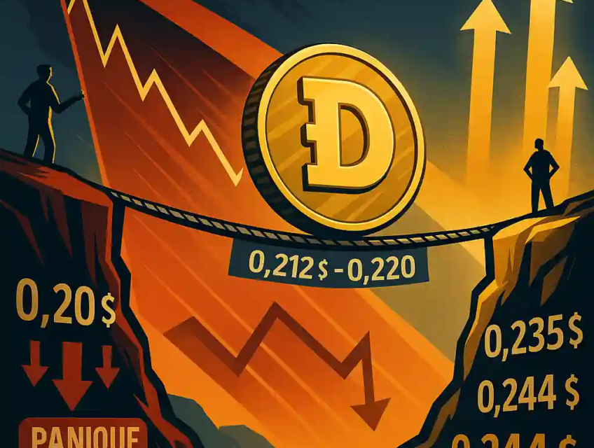 Illustration d’un Doge Coin en équilibre sur une corde entre 0,212 $ et 0,220 $, entre falaise de panique et zone de rebond.
