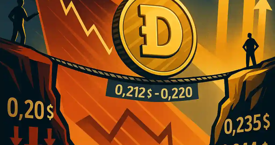 Illustration d’un Doge Coin en équilibre sur une corde entre 0,212 $ et 0,220 $, entre falaise de panique et zone de rebond.