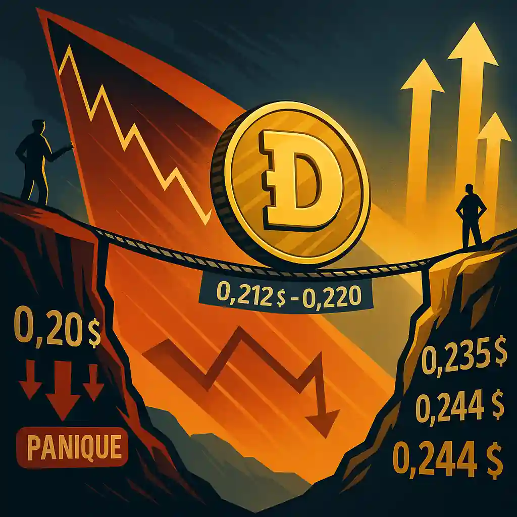 Illustration d’un Doge Coin en équilibre sur une corde entre 0,212 $ et 0,220 $, entre falaise de panique et zone de rebond.