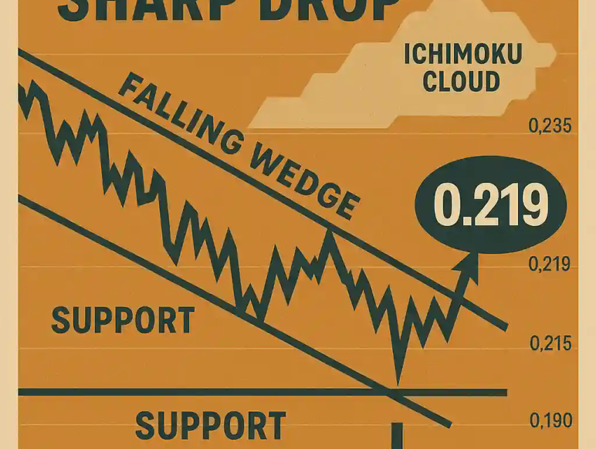Retro-style chart showing Dogecoin stabilizing near $0.219 with falling wedge and Ichimoku cloud indicators.