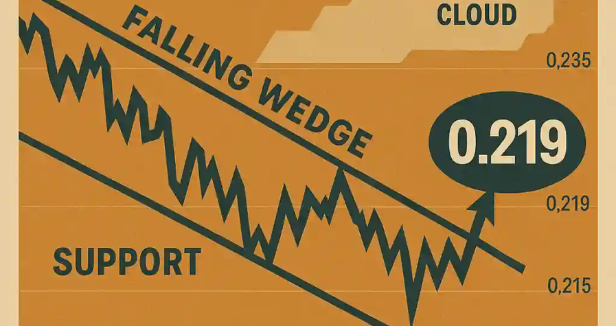 Retro-style chart showing Dogecoin stabilizing near $0.219 with falling wedge and Ichimoku cloud indicators.