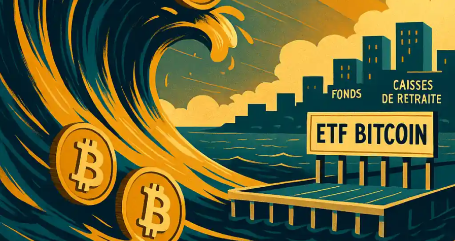 Illustration d’une vague dorée de Bitcoin se dirigeant vers un quai « ETF Bitcoin », avec des drapeaux « +6 Md$ », « Hedge Funds », et « Conviction haussière ».