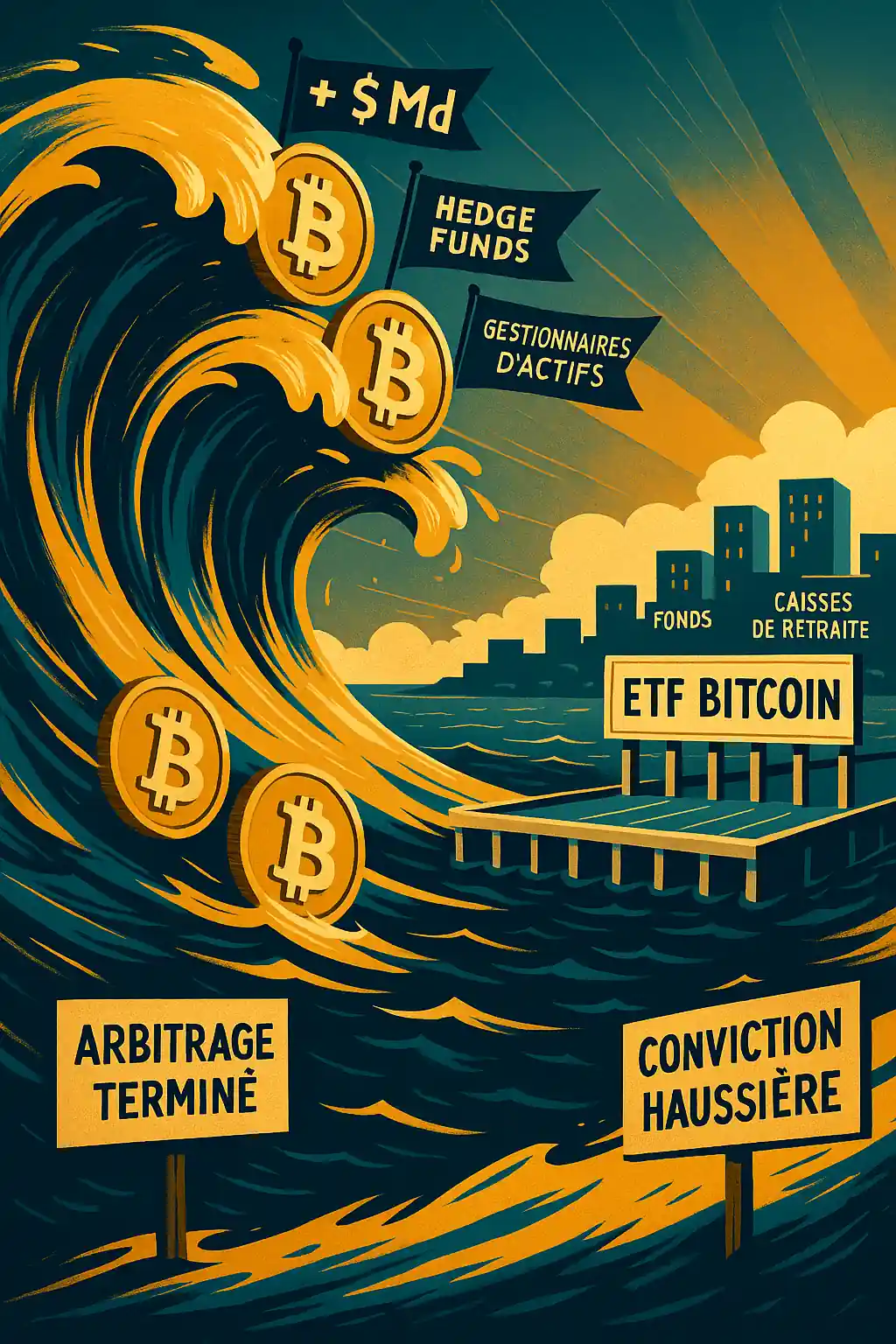 Illustration d’une vague dorée de Bitcoin se dirigeant vers un quai « ETF Bitcoin », avec des drapeaux « +6 Md$ », « Hedge Funds », et « Conviction haussière ».