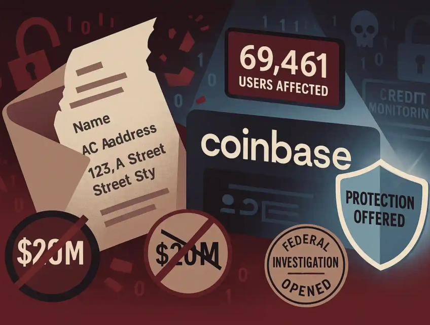 Illustration Coinbase avec dossier ouvert, données personnelles visibles, mention “69 461 utilisateurs”, bouclier “Protection offerte” et enquête fédérale.