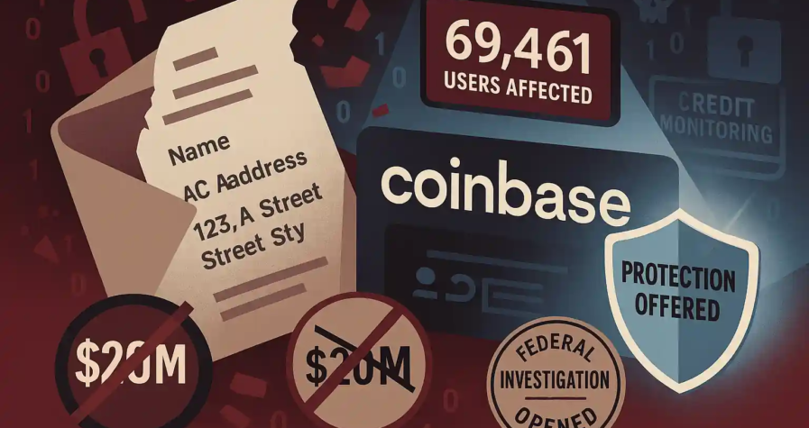 Illustration Coinbase avec dossier ouvert, données personnelles visibles, mention “69 461 utilisateurs”, bouclier “Protection offerte” et enquête fédérale.