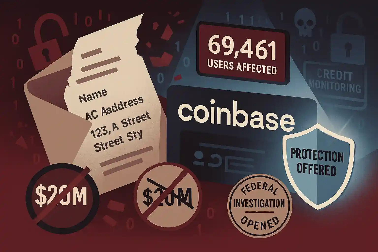 Illustration Coinbase avec dossier ouvert, données personnelles visibles, mention “69 461 utilisateurs”, bouclier “Protection offerte” et enquête fédérale.