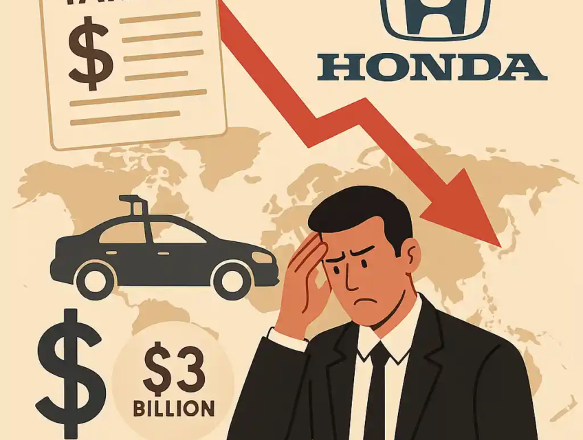 Illustration d’un homme inquiet, flèche rouge baissière, carte du monde, logo Honda, voiture et icône « tariffs » avec mention 3 milliards de dollars