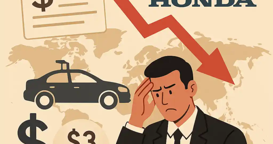 Illustration d’un homme inquiet, flèche rouge baissière, carte du monde, logo Honda, voiture et icône « tariffs » avec mention 3 milliards de dollars