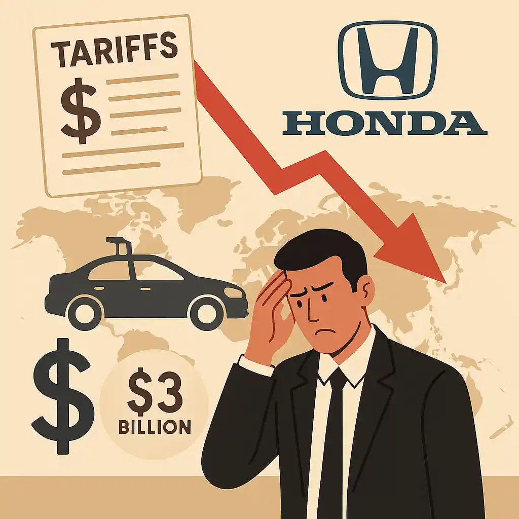 Illustration d’un homme inquiet, flèche rouge baissière, carte du monde, logo Honda, voiture et icône « tariffs » avec mention 3 milliards de dollars