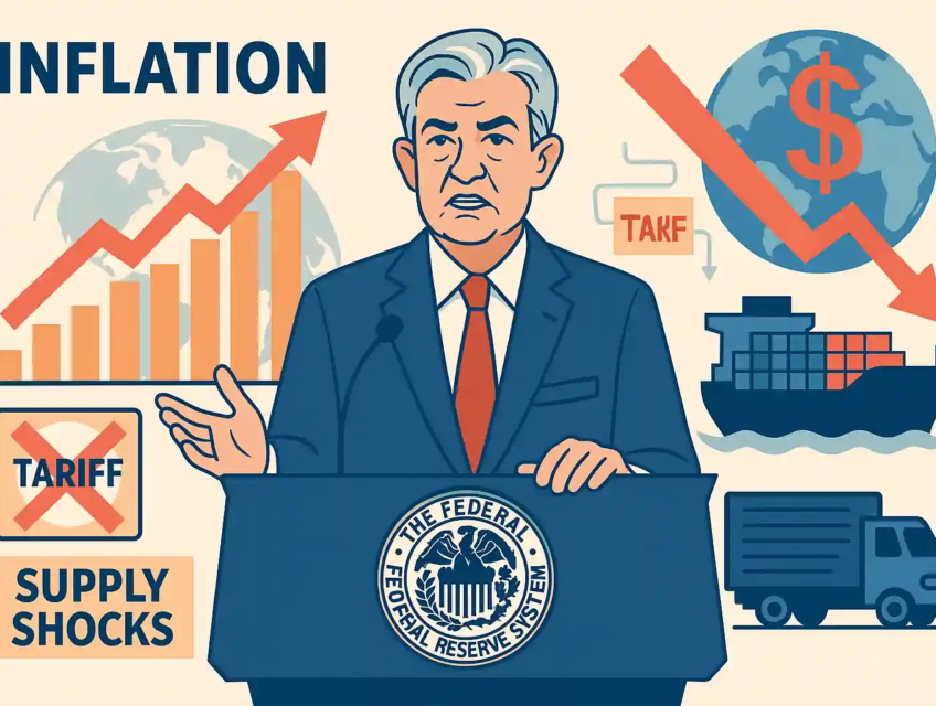 Jerome Powell parle d’inflation persistante, avec graphique en hausse, cargo, camion, carte du monde, et flèche rouge baissière