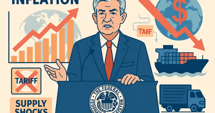 Jerome Powell parle d’inflation persistante, avec graphique en hausse, cargo, camion, carte du monde, et flèche rouge baissière