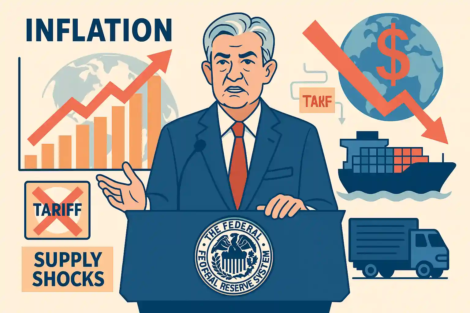 Jerome Powell parle d’inflation persistante, avec graphique en hausse, cargo, camion, carte du monde, et flèche rouge baissière