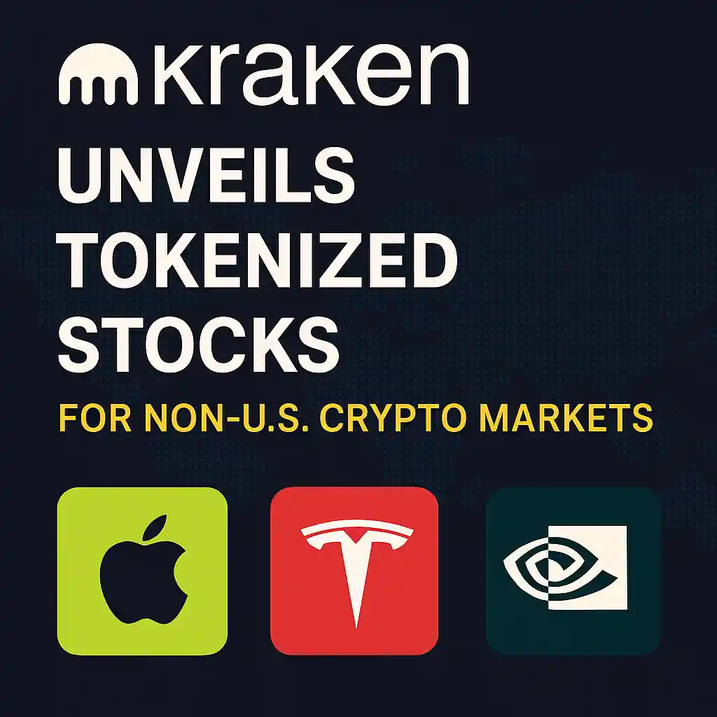 Kraken logo with Apple, Tesla, and Nvidia icons promoting tokenized stocks for non-U.S. crypto markets.
