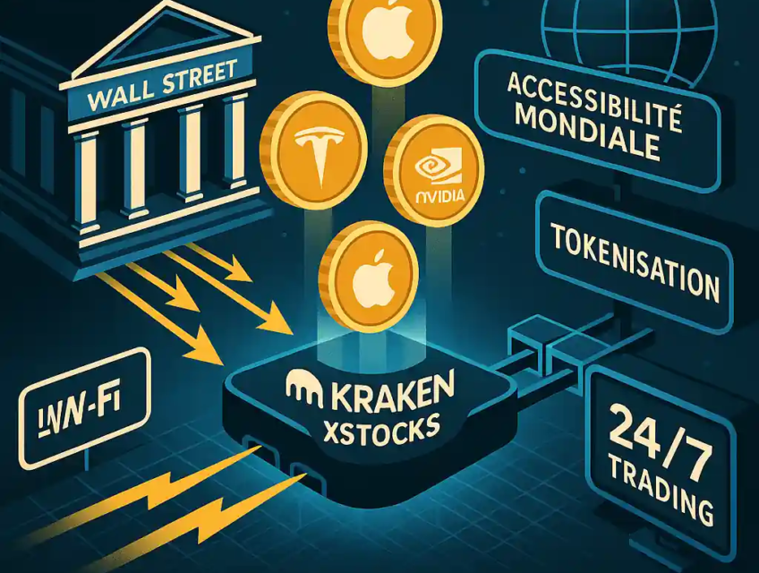 Illustration d’un pont entre Wall Street et Kraken xStocks, avec des jetons Apple, Tesla et Nvidia, symbolisant la finance tokenisée accessible 24/7.
