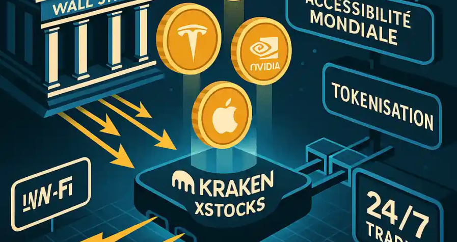 Illustration d’un pont entre Wall Street et Kraken xStocks, avec des jetons Apple, Tesla et Nvidia, symbolisant la finance tokenisée accessible 24/7.