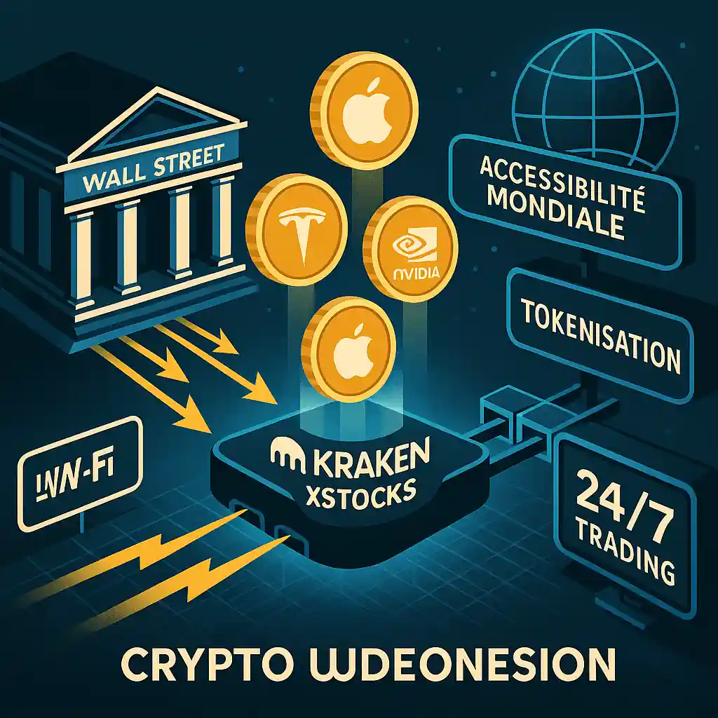 Illustration d’un pont entre Wall Street et Kraken xStocks, avec des jetons Apple, Tesla et Nvidia, symbolisant la finance tokenisée accessible 24/7.