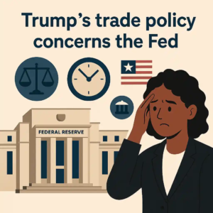 Illustration d’une femme inquiète devant le bâtiment de la Fed, avec des icônes de balance, horloge et institution