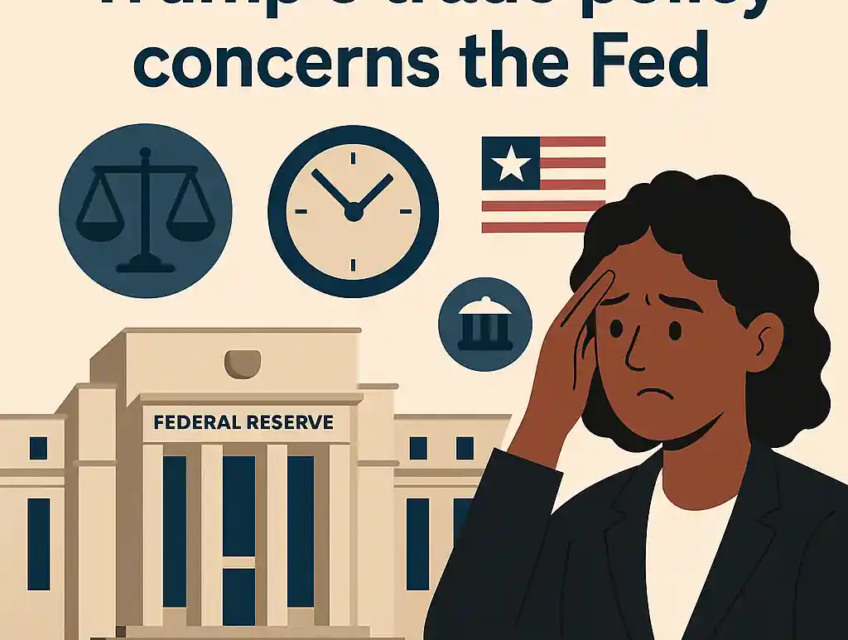 Illustration d’une femme inquiète devant le bâtiment de la Fed, avec des icônes de balance, horloge et institution