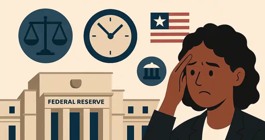 Illustration d’une femme inquiète devant le bâtiment de la Fed, avec des icônes de balance, horloge et institution