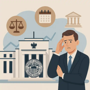 Illustration montrant le bâtiment de la Réserve fédérale, un homme soucieux, et des icônes de justice, durée et institutions