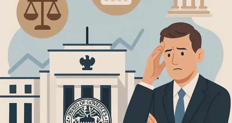 Illustration montrant le bâtiment de la Réserve fédérale, un homme soucieux, et des icônes de justice, durée et institutions