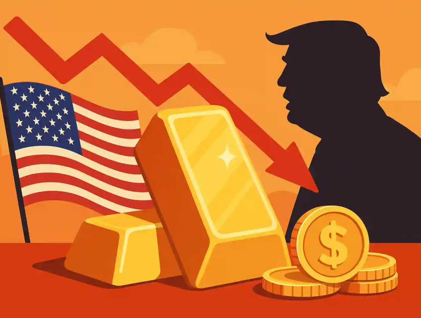 Lingots et pièces d’or brillants devant un drapeau américain, une flèche rouge baissière et la silhouette de Donald Trump