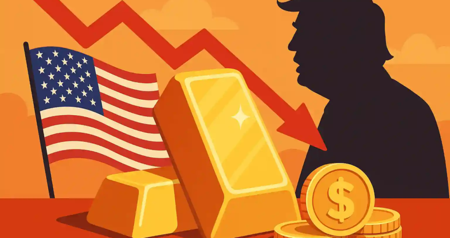 Lingots et pièces d’or brillants devant un drapeau américain, une flèche rouge baissière et la silhouette de Donald Trump