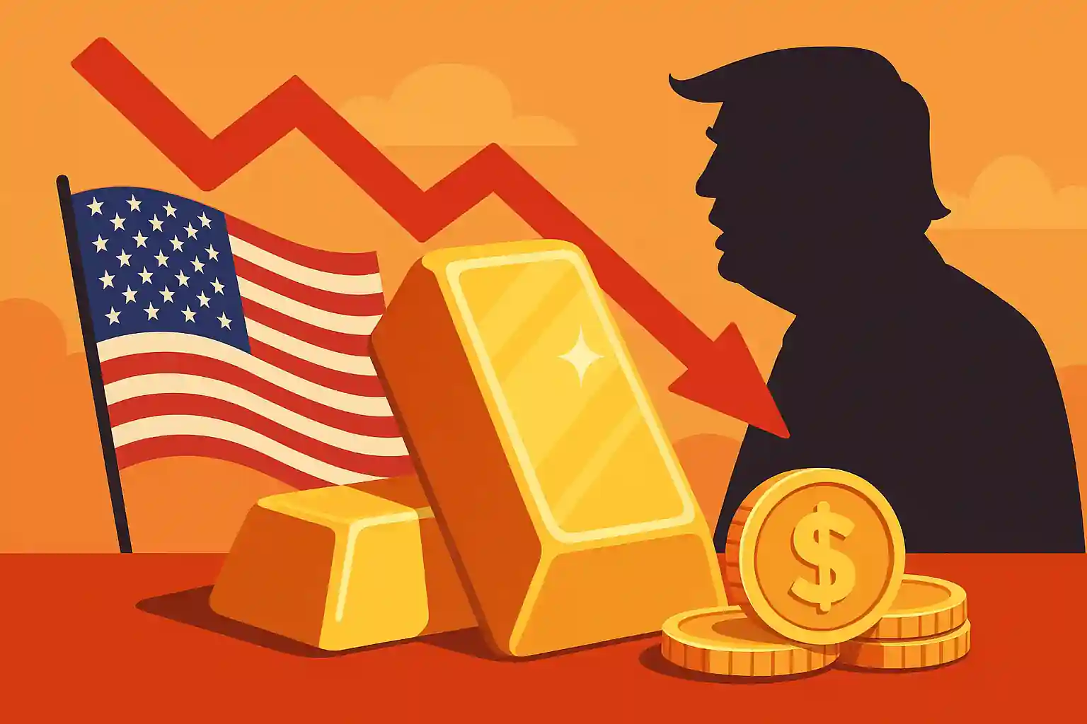 Lingots et pièces d’or brillants devant un drapeau américain, une flèche rouge baissière et la silhouette de Donald Trump