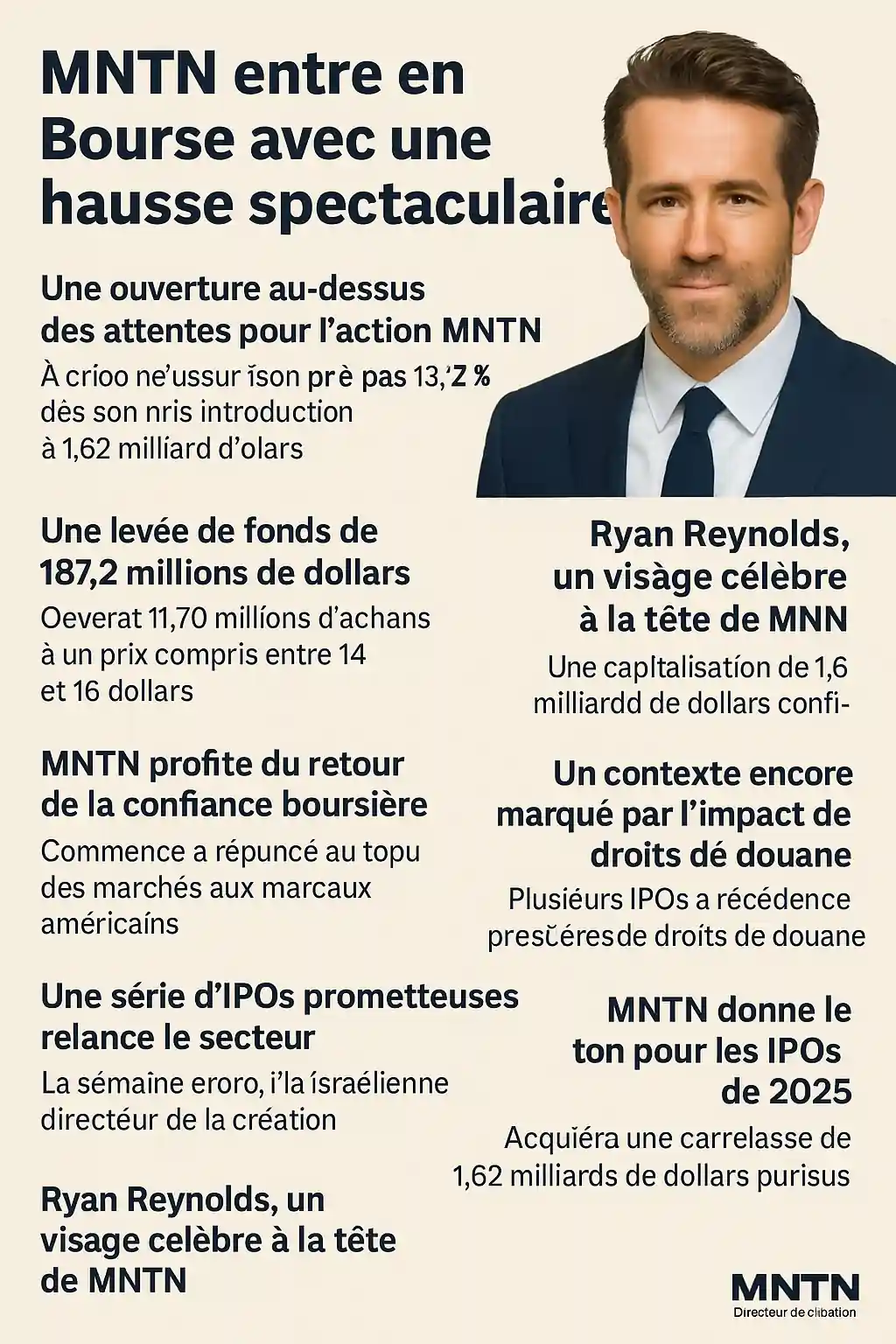 Infographie montrant les détails de l’entrée en Bourse de MNTN, photo de Ryan Reynolds, chiffres clés, fonds levés et valorisation