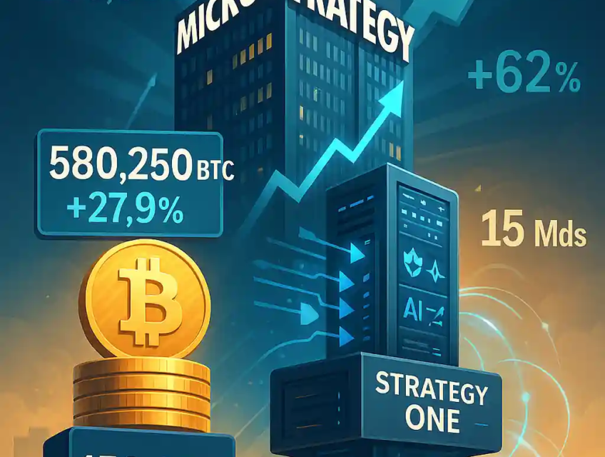 Illustration d’un gratte-ciel MicroStrategy reposant sur des piles de Bitcoin et de serveurs logiciels, avec des chiffres clés comme 580 250 BTC et +62 % en abonnements.
