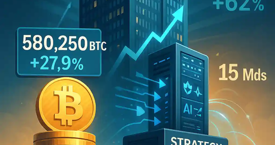Illustration d’un gratte-ciel MicroStrategy reposant sur des piles de Bitcoin et de serveurs logiciels, avec des chiffres clés comme 580 250 BTC et +62 % en abonnements.