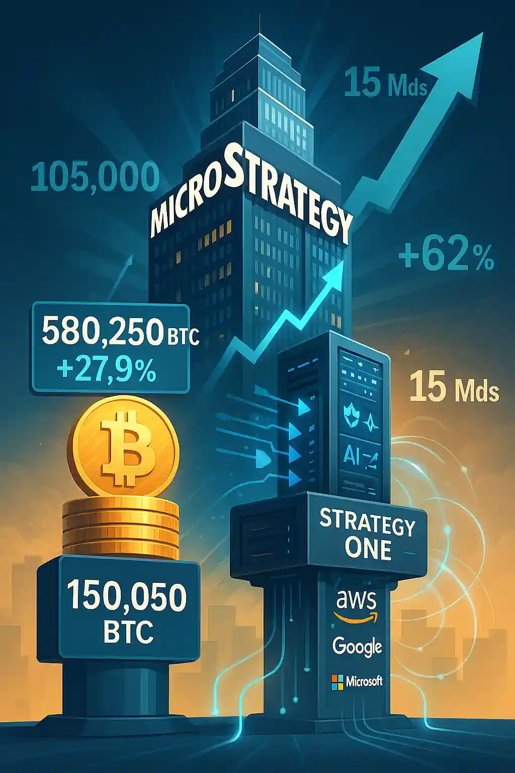 Illustration d’un gratte-ciel MicroStrategy reposant sur des piles de Bitcoin et de serveurs logiciels, avec des chiffres clés comme 580 250 BTC et +62 % en abonnements.