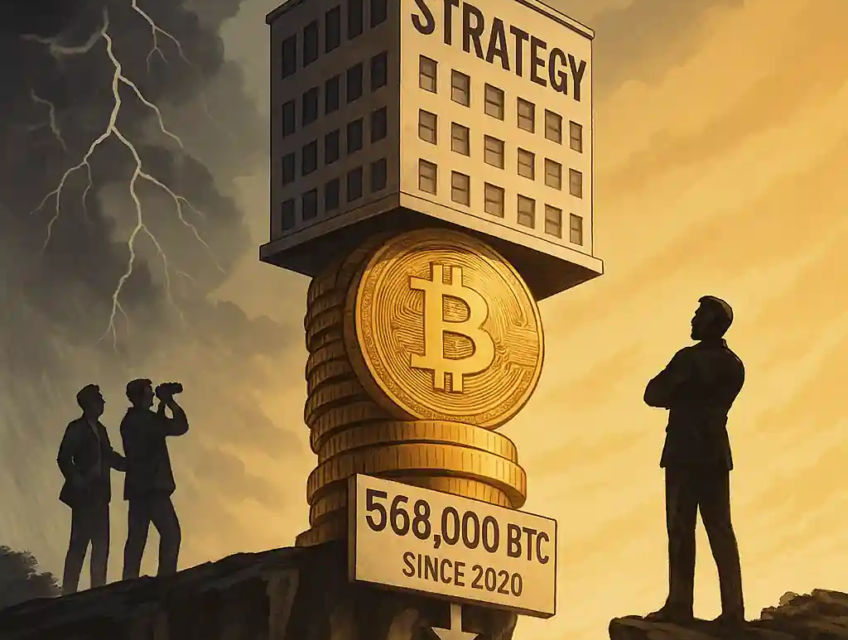 Illustration d’un immeuble nommé Strategy reposant sur une pile de Bitcoins, au bord d’un précipice, observé par des analystes, avec Michael Saylor en silhouette.