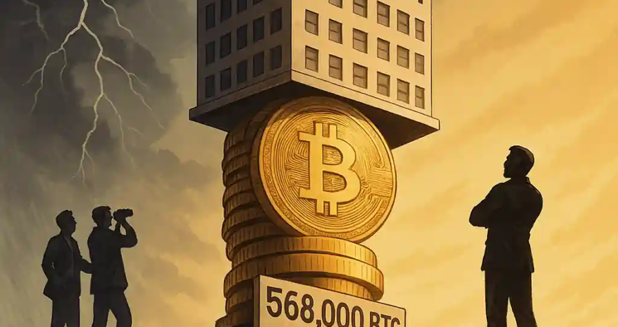 Illustration d’un immeuble nommé Strategy reposant sur une pile de Bitcoins, au bord d’un précipice, observé par des analystes, avec Michael Saylor en silhouette.