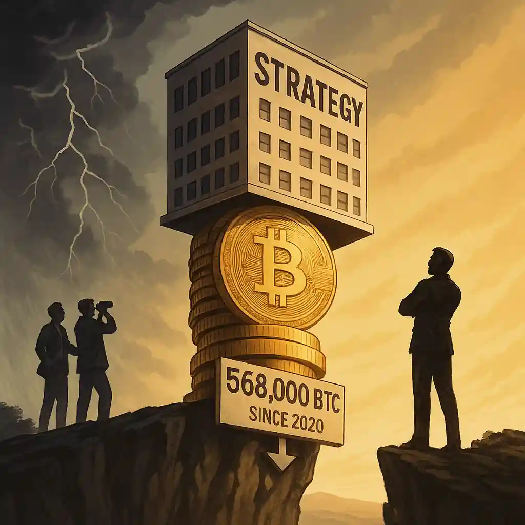 Illustration d’un immeuble nommé Strategy reposant sur une pile de Bitcoins, au bord d’un précipice, observé par des analystes, avec Michael Saylor en silhouette.