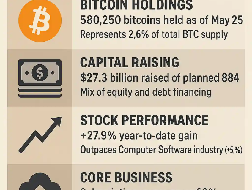 Infographic showing MicroStrategy's Bitcoin holdings, capital raising, stock growth, AI-driven software success, and partnerships.