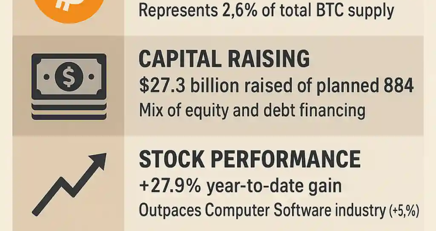 Infographic showing MicroStrategy's Bitcoin holdings, capital raising, stock growth, AI-driven software success, and partnerships.
