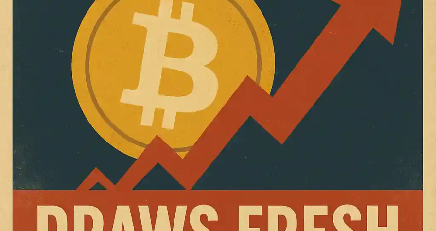 Vintage poster with Bitcoin symbol and upward arrow reflecting scrutiny of MicroStrategy’s crypto investments.