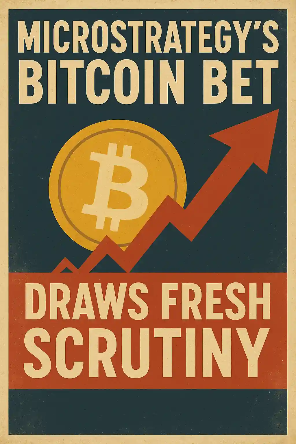 Vintage poster with Bitcoin symbol and upward arrow reflecting scrutiny of MicroStrategy’s crypto investments.