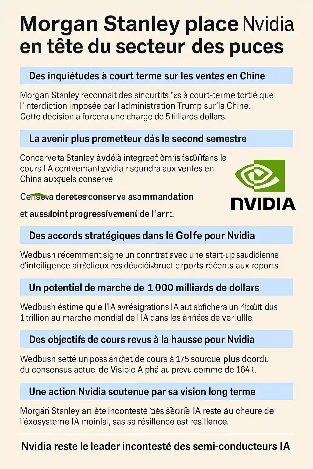 Infographie en français montrant les prévisions optimistes de Morgan Stanley sur Nvidia, malgré les restrictions vers la Chine