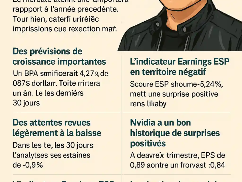 Infographie avec Jensen Huang présentant les prévisions financières de Nvidia pour avril 2025, avec données clés et incertitudes