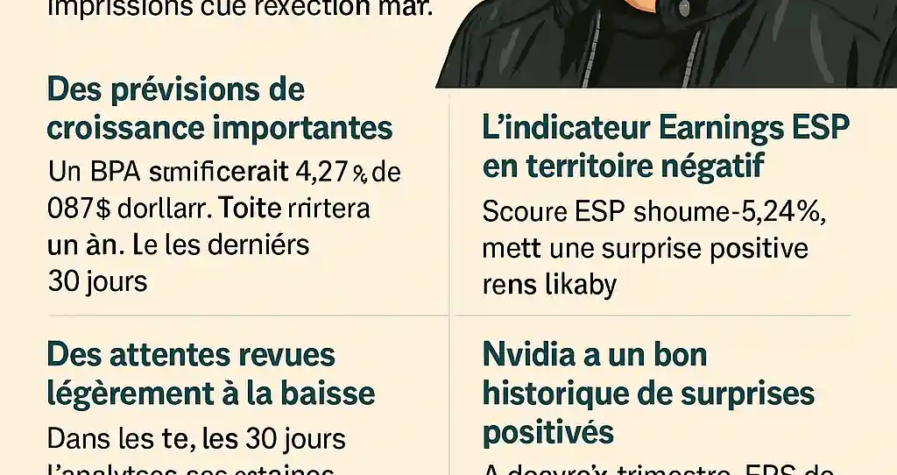 Infographie avec Jensen Huang présentant les prévisions financières de Nvidia pour avril 2025, avec données clés et incertitudes