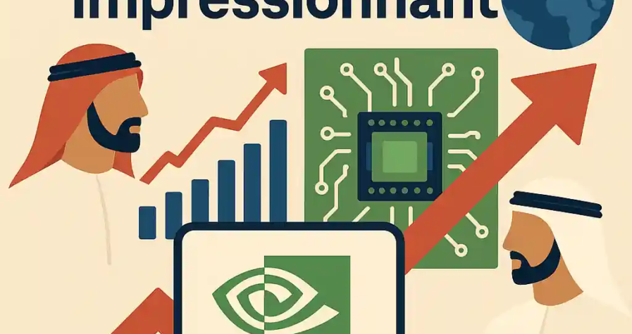 Illustration montrant le logo Nvidia, puce électronique, figures saoudienne et émiratie, et flèches rouges de hausse boursière