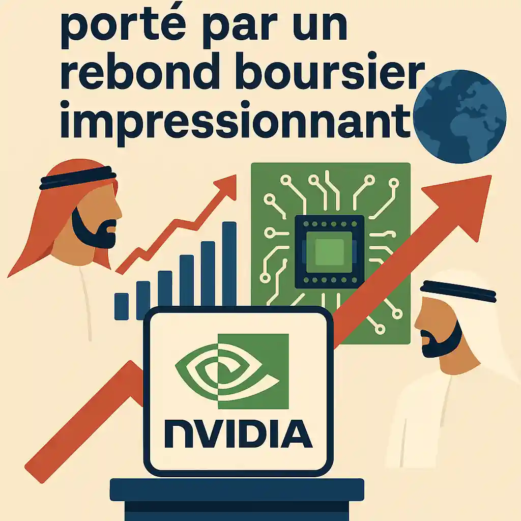 Illustration montrant le logo Nvidia, puce électronique, figures saoudienne et émiratie, et flèches rouges de hausse boursière